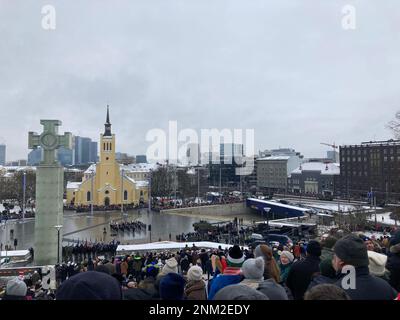 Tallinn, Estonia. 24th Feb, 2023. View of the military parade on Freedom Square during celebrations of the 105th anniversary of the Republic of Estonia, Credit: Alexander Welscher/dpa/Alamy Live News Stock Photo