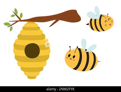 Cute honey bees characters and beehive hanging on the tree Stock Vector