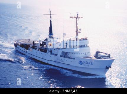 The National Oceanic and Atmospheric Administration (NOAA) fisheries research ship NOAAS David Starr Jordan (R 444) photographed from NOAA's MD500 helicopter during marine mammal studies in the tropical eastern Pacific Ocean  ca. Autumn 1999 Stock Photo