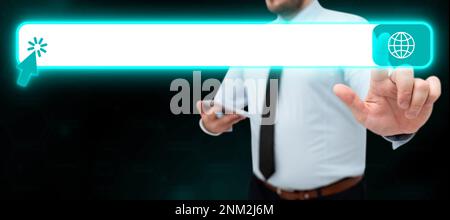 Man in office shirt satnding and holding mobile phone. Businessman pressing virtual button with his finger. Unlock, switch on. Futuristic colored glow Stock Photo