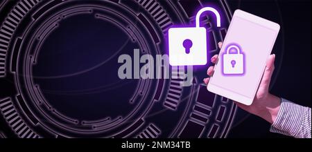 Hand Holding mobile phone presenting New Futuristic Technologies. Palm Carrying cellphone Displaying Solving Late Innovative Virtual Ideas. Screen Stock Photo