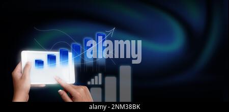Two Hands Holding mobile phone and press on screen. Cellphone presenting New Futuristic Technologies. Palms Carrying cellphone Displaying Late Stock Photo