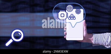 Hand Holding mobile phone presenting New Futuristic Technologies. Palm Carrying cellphone Displaying Solving Late Innovative Virtual Ideas. Screen Stock Photo