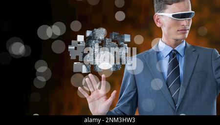 Composition of businessman with vr glasses touching screen with biometric fingerprint. global online identity and digital interface concept digitally Stock Photo
