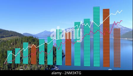Image of data processing and diagram over landscape Stock Photo
