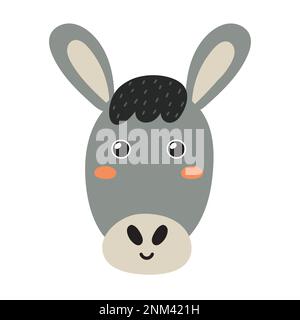 Cute donkey face in cartoon style. Farm character head for baby and kids design Stock Vector