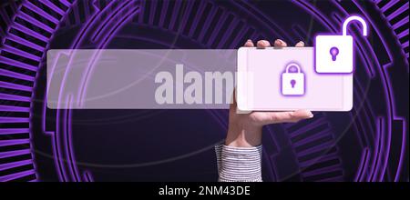Hand Holding mobile phone presenting New Futuristic Technologies. Palm Carrying cellphone Displaying Solving Late Innovative Virtual Ideas. Screen Stock Photo