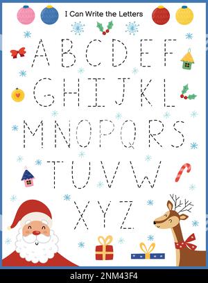 I can write letters Christmas worksheet for kids. Winter activity page with cute characters Stock Vector