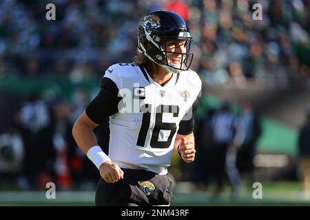 EAST RUTHERFORD, NJ - DECEMBER 22: Jacksonville Jaguars quarterback Trevor  Lawrence (16) during the National Football League game between the New York  Jets and the Jacksonville Jaguars on December 22, 2022 at