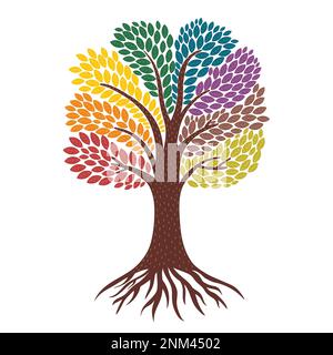 Tree of life with roots and rainbow coloured leaves. Forest element in cartoon style Stock Vector