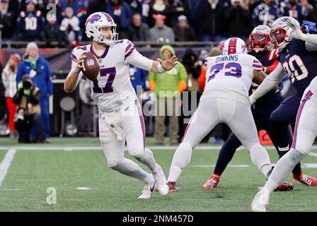 FOXBOROUGH, MA - DECEMBER 26: Buffalo Bills quarterback Josh Allen (17)  moves Buffalo Bills running back Devin Singletary (26) during a game  between the New England Patriots and the Buffalo Bills on