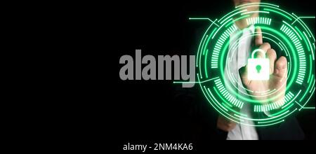 Lady In Suit Standing pressing On virtual button. Woman In Suit Standing Pointing On Futuristic Graphic Interface. Presenting Modern Virtual Stock Photo