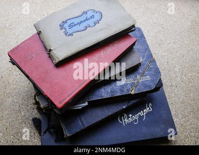 Memories are made of this. A pile of vintage photograph albums. A store of memories. Stock Photo