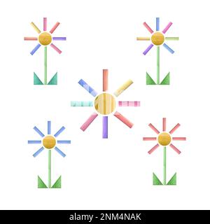 Set of watercolor tangram geometric flowers with butterfly isolated on ...