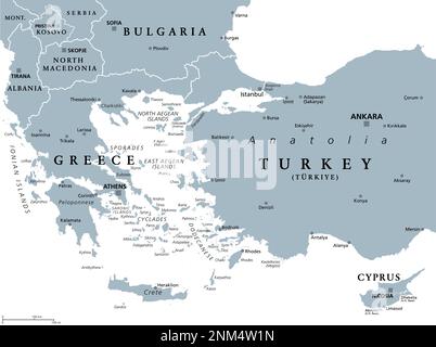 Aegean Sea region, with Aegean Islands, gray political map. An elongated embayment of the Mediterranean Sea, located between Europe and Asia. Stock Photo