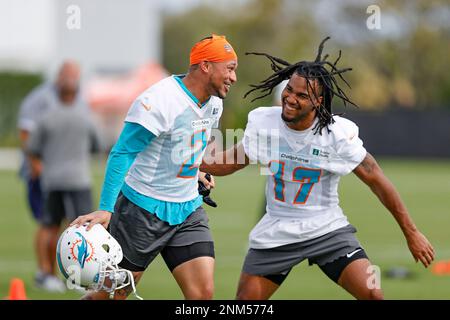 Miami Dolphins wide receiver Jaylen Waddle (17) runs a play during an NFL  football game against the Cleveland Browns, Sunday, Nov. 13, 2022, in Miami  Gardens, Fla. (AP Photo/Doug Murray Stock Photo - Alamy