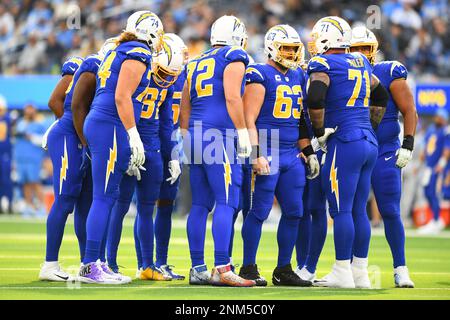 INGLEWOOD, CA - DECEMBER 12: Los Angeles Chargers huddle during the NFL  game between the New York Giants and the Los Angeles Chargers on December  12, 2021, at SoFi Stadium in Inglewood,