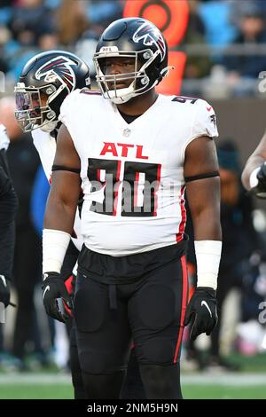 CHARLOTTE, NC - DECEMBER 12: Atlanta Falcons defensive end Marlon Davidson  (90) during the game between the Atlanta Falcons and the Carolina Panthers  on December 12, 2021 at Bank of America Stadium in Charlotte,NC. (Photo by  Dannie Walls