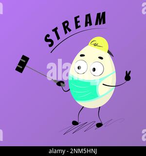 Stylish trendy funny mascot character. Live egg with eyes and in a protective medical mask. Live broadcast on social networks. Stream. Selfie stick. S Stock Vector