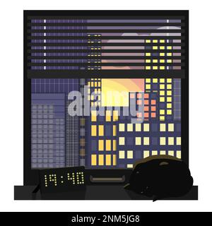 View of the big city through the window of the apartment. Evening landscape with skyscrapers and sunset. Silhouette of a black cat on the windowsill. Stock Vector