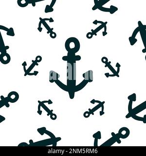 Sea anchor in doodle style. Vector seamless pattern on white background. Stock Vector
