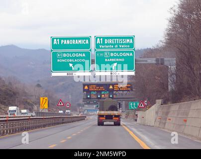 italian Signal and name of two way to Florence called DIRETTISSIMA And Variante di Valico in Central Italy Stock Photo