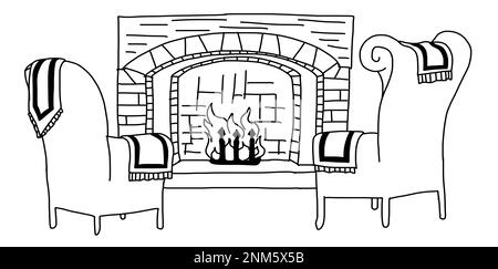 Armchairs with fireplace in outline doodle style. Vector illustration isolated on white background. Stock Vector
