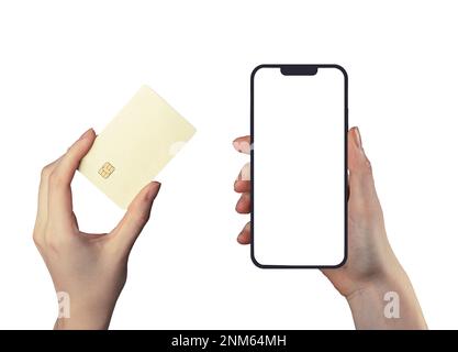 Lodz, Poland February 05 2023 Mobile phone screen mock-up and hand holding plastic credit card mockup for paying online isolated on white background. Stock Photo