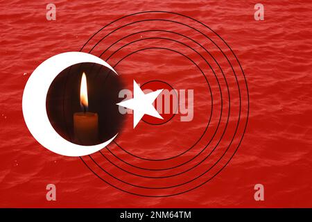 Turkey Earthquake, February 6, 2023. Mournful banner. The Epicenter of the earthquake in Turkey. Pray for Turkey. A background of the Turkish flag. Bo Stock Photo