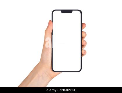 Lodz, Poland February 05 2023 Phone screen mockup, blank smartphone display in hand isolated on white background. High quality photo Stock Photo