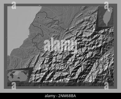 Hsinchu, county of Taiwan. Bilevel elevation map with lakes and rivers. Locations of major cities of the region. Corner auxiliary location maps Stock Photo