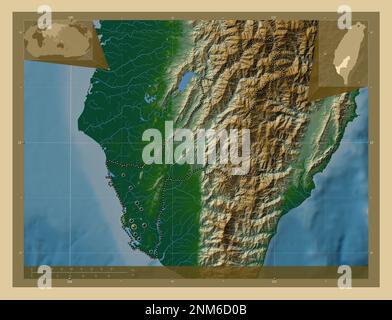 Kaohsiung, special municipality of Taiwan. Colored elevation map with lakes and rivers. Locations of major cities of the region. Corner auxiliary loca Stock Photo