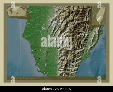 Kaohsiung, special municipality of Taiwan. Elevation map colored in wiki style with lakes and rivers. Locations of major cities of the region. Corner Stock Photo