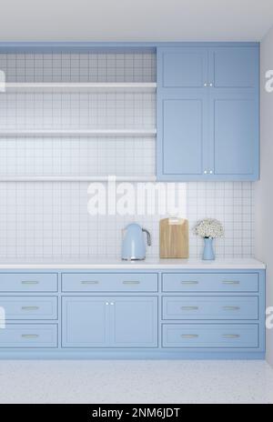 3D rendering Blue Electric Kettle, Wood Cutting Board, Daisy in Blue Ceramic Vase on Blue Cabinet Kitchen Stock Photo