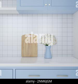 3D Rendering Wood Cutting Board And Daisy in Blue Ceramic Vase on Blue Cabinet Kitchen Stock Photo