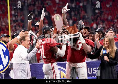 Alabama quarterback Bryce Young (9) thanks CBS' Jamie Erdahl after a  post-game interview follow …