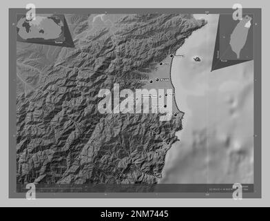 Yilan, county of Taiwan. Grayscale elevation map with lakes and rivers. Locations and names of major cities of the region. Corner auxiliary location m Stock Photo