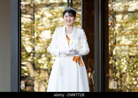 Japanese Princess Aiko greets the press on the occasion of her