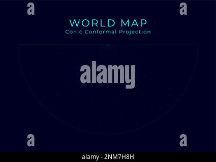 Map of The World. Lambert conformal conic projection. Futuristic Infographic world illustration. Bright cyan colors on dark background. Powerful vecto Stock Vector