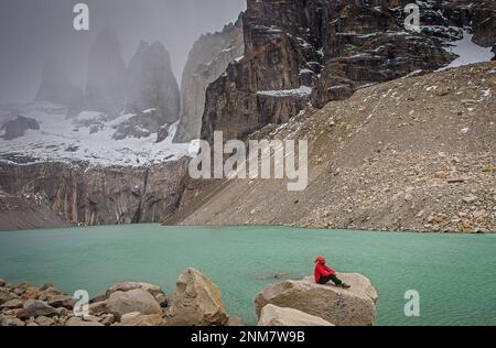 Man, Hiker, Mirador Base Las Torres. You can see the amazing Torres del Paine, Torres del Paine national park, Patagonia, Chile Stock Photo