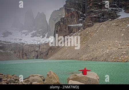 Man, Hiker, Mirador Base Las Torres. You can see the amazing Torres del Paine, Torres del Paine national park, Patagonia, Chile Stock Photo