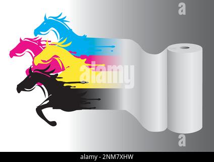 Running horses with print colors on roll of paper. Illustration of Four horse silhouettes with cmyk color splashes.  Vector available. Stock Vector