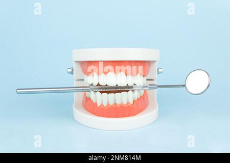 Dental prosthesis with dentist mouth mirror on blue background, close-up. Old age. Teeth. Jaw. Stock Photo