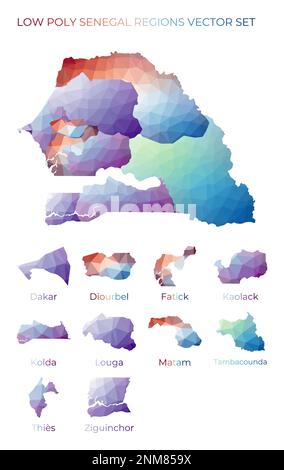 Senegalese low poly regions. Polygonal map of Senegal with regions. Geometric maps for your design. Cool vector illustration. Stock Vector
