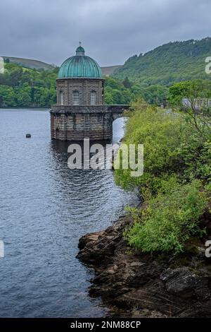 Copper domed tower on the Garreg Ddu reservoir at Elan Valley, Powys, Wales Stock Photo