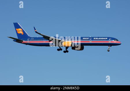 A Boeing 757-300 of Icelandair in a special 100th Anniversary of Iceland livery approaches London Gatwick Airport Stock Photo