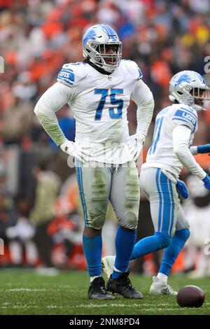 CLEVELAND, OH - NOVEMBER 21: Detroit Lions defensive end Levi Onwuzurike  (75) on the field during the fourth quarter of the National Football League  game between the Detroit Lions and Cleveland Browns on November 21, 2021,  at FirstEnergy