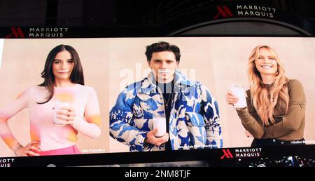 New York, NY, USA. 23rd Feb, 2023. Ella Bleu Travolta, Brooklyn Peltz Beckham and Sailor Brinkley Cook on the billboard in Times Square promoting Silk NextMilk on February 23, 2023 in New York City. Credit: Rw/Media Punch/Alamy Live News Stock Photo