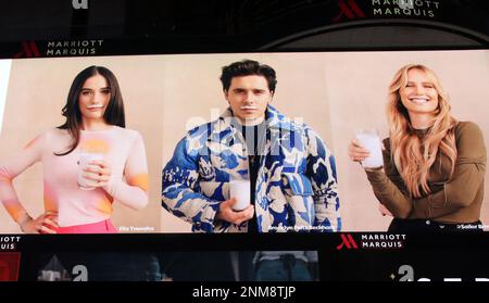 New York, NY, USA. 23rd Feb, 2023. Ella Bleu Travolta, Brooklyn Peltz Beckham and Sailor Brinkley Cook on the billboard in Times Square promoting Silk NextMilk on February 23, 2023 in New York City. Credit: Rw/Media Punch/Alamy Live News Stock Photo