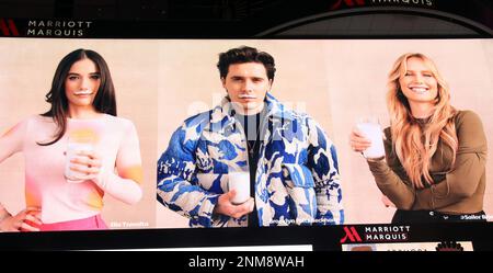 New York, NY, USA. 23rd Feb, 2023. Ella Bleu Travolta, Brooklyn Peltz Beckham and Sailor Brinkley Cook on the billboard in Times Square promoting Silk NextMilk on February 23, 2023 in New York City. Credit: Rw/Media Punch/Alamy Live News Stock Photo